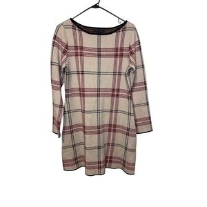 Tahari Dress Womens M Beige Plaid Career Long Sleeve Boat Neck Knit